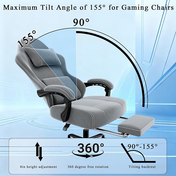 Ergonomic Gaming Chair Video Game Chair with Massage Lumbar Support and Footrest Height Adjustable Fabric Computer Chair with Pocket Spring Cushion