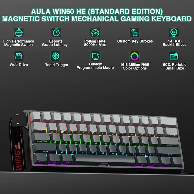 Aula WIN60 HE - 60% Mechanical Gaming Keyboard Wired Hall Effect Magnetic Switch Hot Swappable8000 Hz Polling Rate RGB Keyboard 60 Percent Compact Design for PC (Gradient Gray)