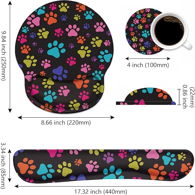 Keyboard Wrist Rest and Mouse Pad Wrist Rest Support Set with Coasters Non-Slip PU Base for Gaming and Office Comfortable &amp Lightweight for Easy Typing &amp Pain Relief - Colorful Dog Paw Print