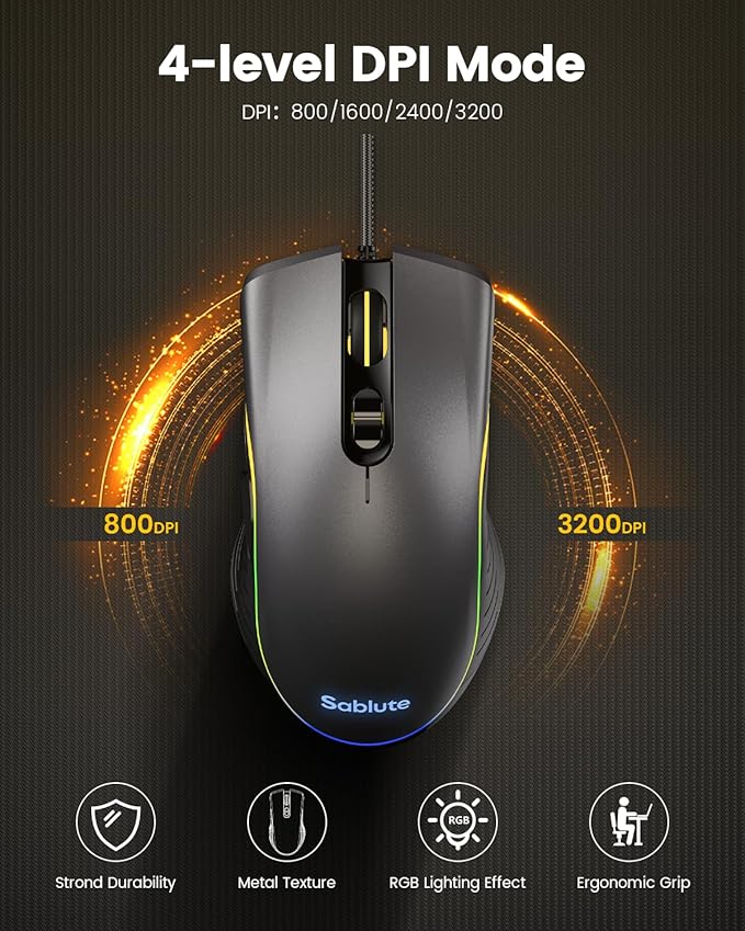 SABLUTE Gaming Keyboard and Mouse Quiet Membrane Keyboard with RGB Backlit Mechanical Feel PC Gaming Keyboards Multimedia Knob Anti-Ghosting Ergonomic Wrist Rest &amp 3200 DPI Mouse for Gamer/Off