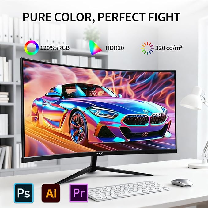 ZZA 32 Inch Curved Gaming Monitor 165Hz QHD 2560x1440 PC Monitor HDMI DP1.4 1500R 1ms MPRT HDR Metal Stand VESA Compatible (DP Cable Incl.)