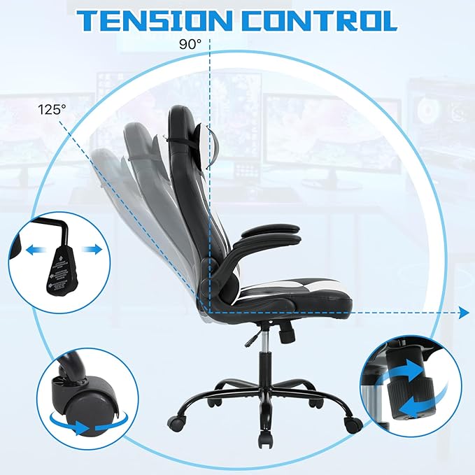 PC Gaming Chair - Ergonomic PC Office Chair w/Adjustable Lumbar Support &amp Headrest High Back PU Leather Computer Desk Chair for Adults (350lbs Capacity) (White)