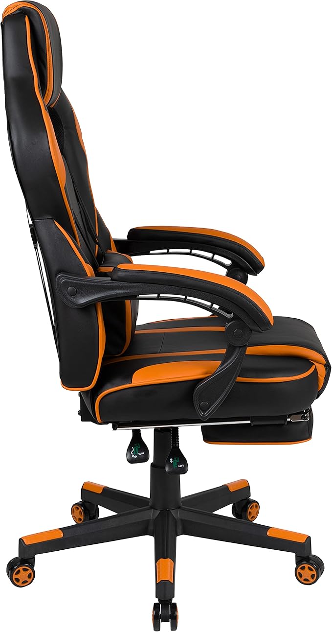 EMMA + OLIVER Black/Orange Ergonomic Gaming Chair -Recline Back/Arms Footrest Massaging Lumbar