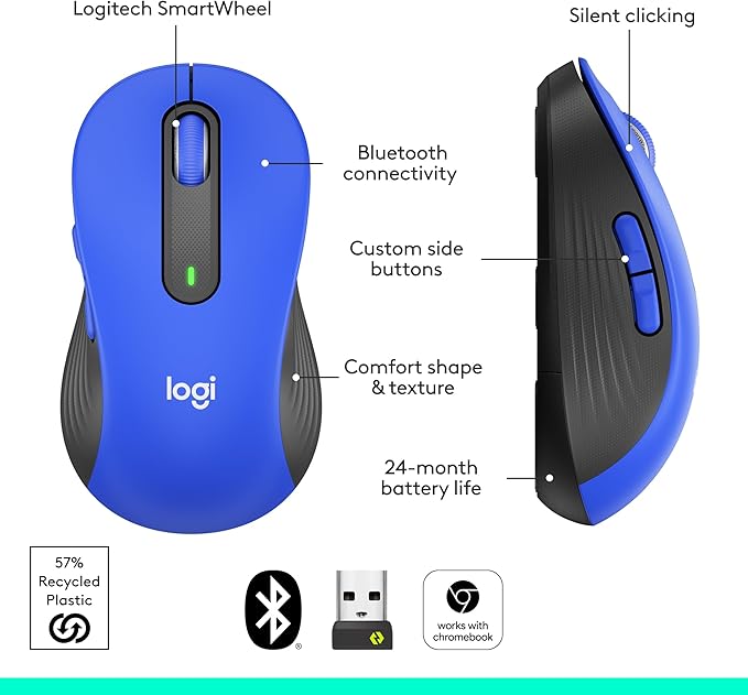 Logitech Signature M650 L Full Size Wireless Mouse - for Large Sized Hands 2-Year Battery Silent Clicks Customizable Side Buttons Bluetooth for PC/Mac/Multi-Device/Chromebook - Classic Blue