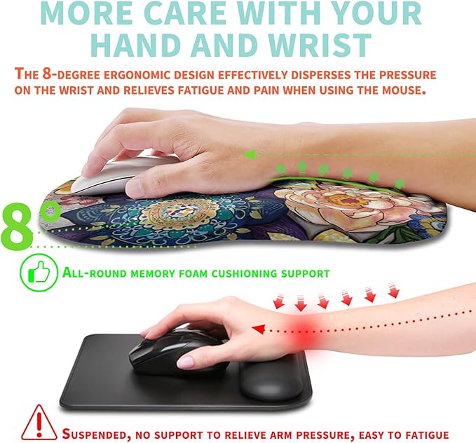Ergonomic Mouse Pad Wrist Support with Memory Foam Massage Bulge Carpal Tunnel Pain Relief Mousepad Wrist Rest for Mouse(12x8 inch Blooming)
