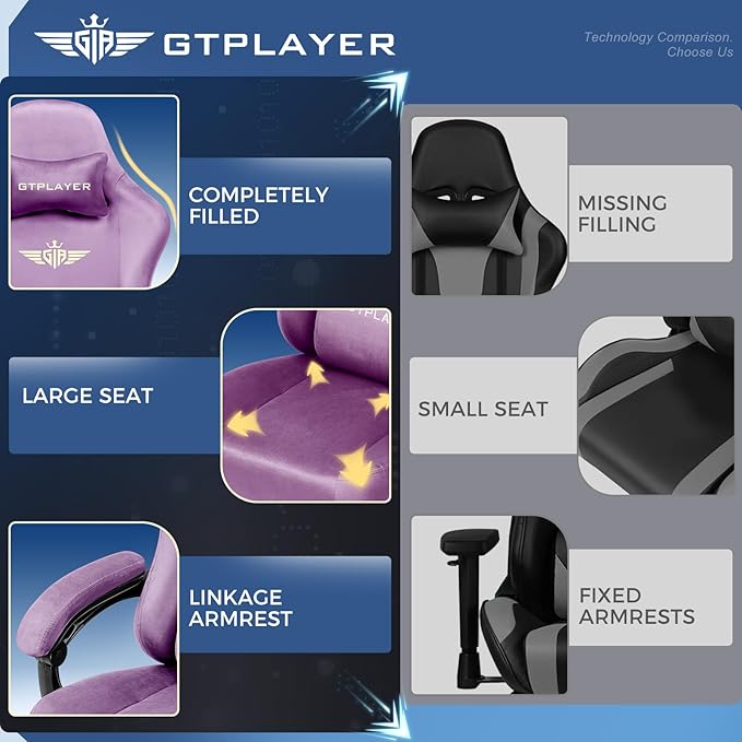 GTPLAYER Gaming Chair Fabric with Pocket Spring Cushion High Back Ergonomic Computer Chair with Footrest for Adults Lumbar Support Swivel Game Chair for Office Gaming 350LBS Light Purple