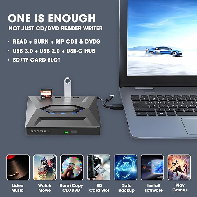 ROOFULL External CD DVD Drive with USB 3.0 Type-C Ports + SD Card Slot + Carrying Case for Laptop PC CD DVD +/-RW Reader Writer Burner Player ROM Optical Disk Drive for Windows Mac Linux Computers