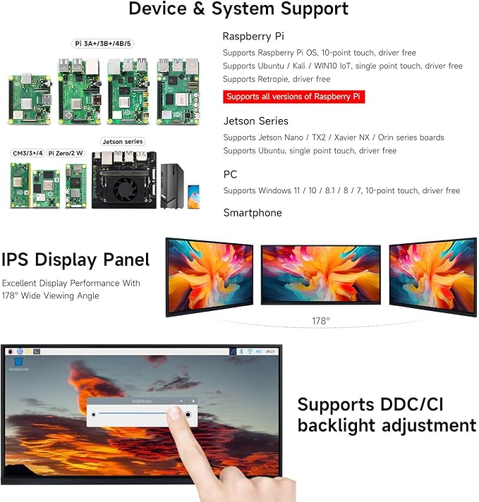 Waveshare 11.6inch Capacitive Touch Display in-Cell Technology 1768×828 Compatible with Raspberry Pi 5/4B/3B/Zero/Zero W/Zero 2W/Pico/Pico Supports Windows/Jetson Nano/TX2/Xavier NX/Orin
