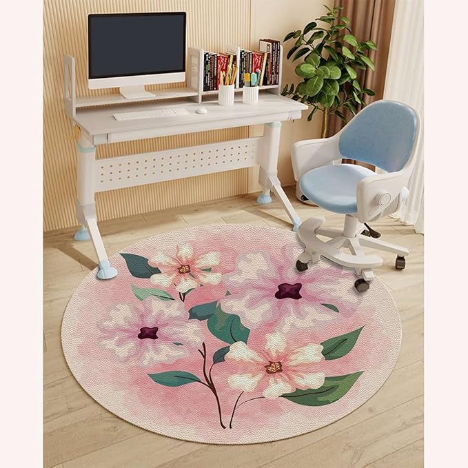 Pink Purple PU Leather Round Floor Mats for Office Chair Modern Romantic Floral Design Under Computer Desk Floor Protector for Rolling Chairs Non Slip Anti Scratches Abstract Diameter 55 in