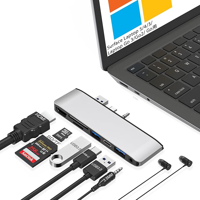 Surface Laptop 6/5/4/3 Hub Docking Station USB-C Hub with 4K@30Hz HDMI 2xUSB 3.0 USB-C SD/TF Card Slot 3.5mm Audio for Surface Laptop 6/5/4/3/Laptop Go 3/Go2/Go