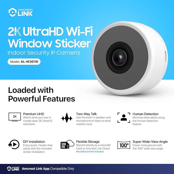 Amcrest Link 3MP 2K Window Camera 2.4GHz&amp5GHz WiFi Indoor Camera AI Human &amp Motion Detection Wide Angle 100° FOV Night Vision 2-Way Audio Wired Power Supports MicroSD Upto 128GB