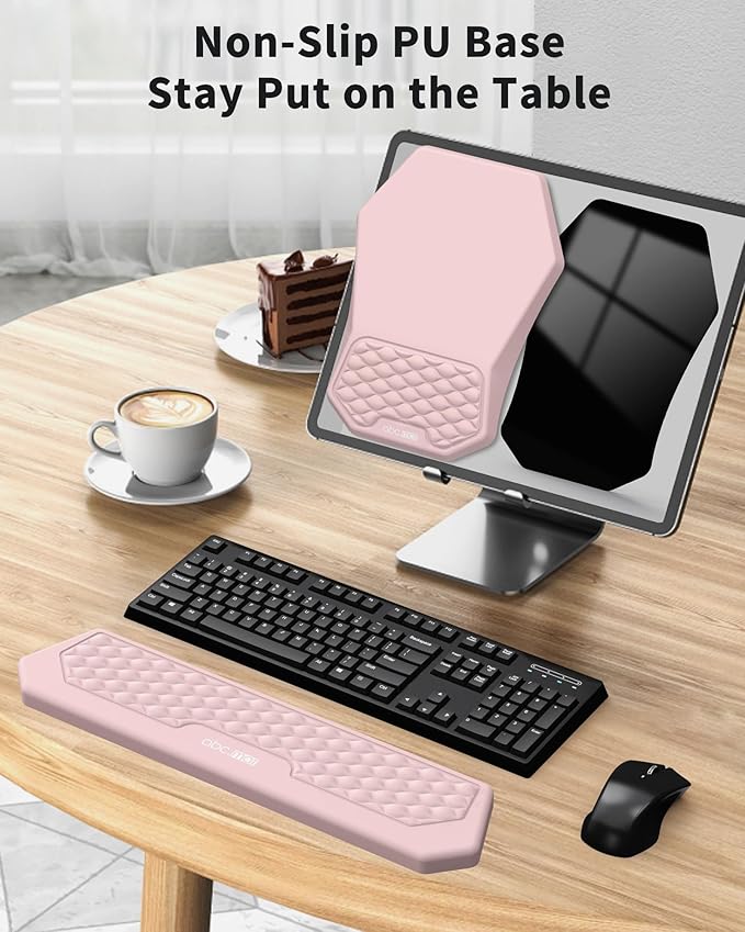 Ergonomic Mouse Pad and Keyboard Wrist Rest Support Set Massage Design Mousepad for Carpal Tunnel Pain Relief Memory Foam Non-Slip PU Base for Computer Desk Pink