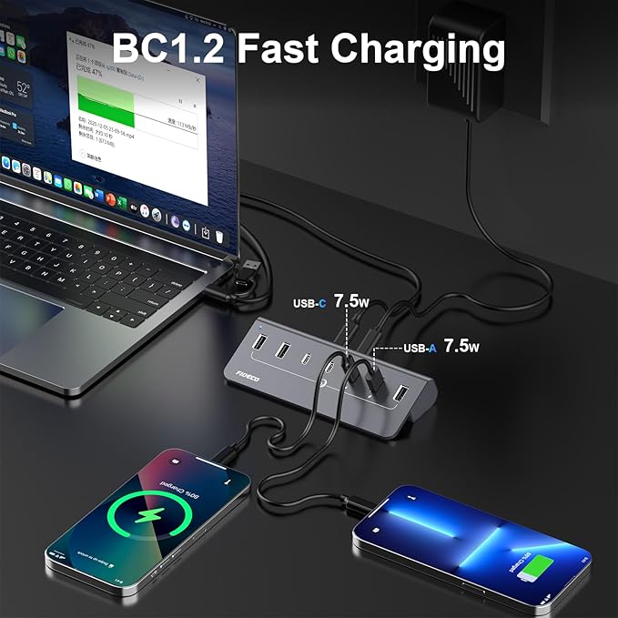 FIDECO Powered USB Hub 7 Port 10Gbps Fast Data Hub for iPhone 16/15 and Laptop Full Aluminum USB Splitter with 5V 3A Power Adapter 4 USB A and 3 USB C Ports Support BC1.2 Charging Grey