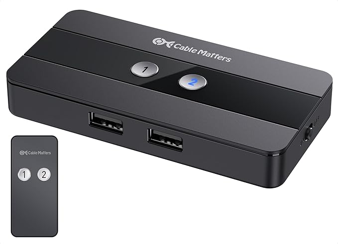 Cable Matters USB 2.0 Switch Hub USB Sharing Switch for 2 Computers and 4 USBA Peripherals - Button or Wireless Remote Control Swapping