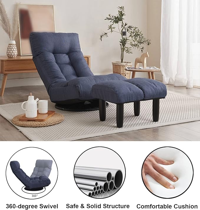 SLEERWAY 360-Degree Swivel Gaming Chair Foldable Floor Chair with Adjustable Backrest Cushion Padded Indoor Chaise Lounge Lazy Sofa Couch Rocker Gaming Chair for Teens and Adults (Navy Blue)