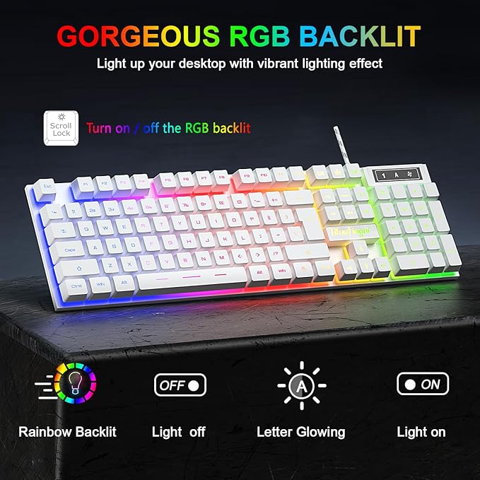 BlueFinger RGB Gaming Keyboard and Backlit Mouse Combo USB Wired LED Gaming Set for Laptop PC Computer Game and Work(White)