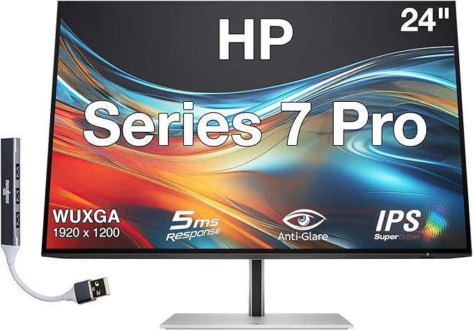 HP Series 7 Pro 24 WUXGA IPS Monitor with 5ms Response Time Anti Glare Flicker Free Tilt Swivel Pivot VESA Mount (100mm) Displayport HDMI &amp Dockztorm USB Port Expander Black/Silver Color