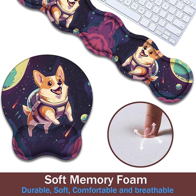 Keyboard Wrist Rest and Mouse Pad Wrist Support with Lace-Shaped Coaster Set Ergonomic Gel Memory Foam and Anti-Slip Base Easy Typing and Pain Relief - Space Corgis