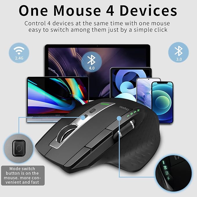 Rapoo Bluetooth Wireless Mouse 4 Adjustable DPI Rechargeable Multi-Device (3 Bluetooth+USB) Programmable Ergonomic Mouse with Side Roller Laser Mouse for Laptop Desktop PC