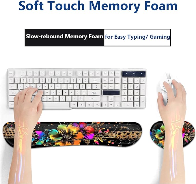 Large Mouse Pad + Keyboard Wrist Rest Set Extended Gaming Mousepad (31.5X11.8 inch) with Non-Slip Rubber Ergonomics Memory Foam Mouse Wrist Rest Support Glitter Flower Black XXL Desk Pad