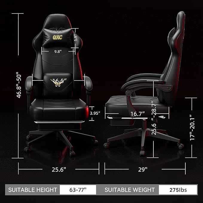 Gaming Chair Ergonomic Computer Chair with Lumbar Massage &amp Heat Video Game Chair with Silent Casters 3D Adjustable Backrest Thickened Seat PU Leather Hidden Footrest (63-77in)