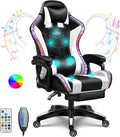 Gaming Chair with Speakers and Footrest Full Massage Computer Chair with RGB Lights Ergonomic Video Game Chair with Lumbar Support PU Leather High Back Gamer Chair for Office and GamingWhite