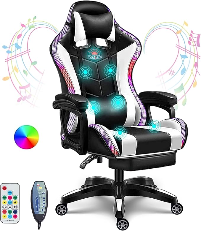 Gaming Chair with Speakers and Footrest Full Massage Computer Chair with RGB Lights Ergonomic Video Game Chair with Lumbar Support PU Leather High Back Gamer Chair for Office and GamingWhite