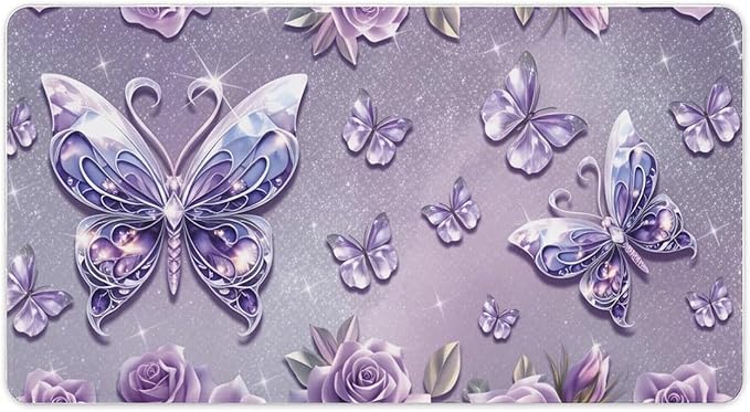 Purple Butterflies Roses Mouse Pad Large Desk Mat Extended Keyboard Mouse Pad with Non-Slip Base and Stitched Edge Mouse Mat Desk Pad 30x16 Mouse Pads for Desk Home Office Gaming