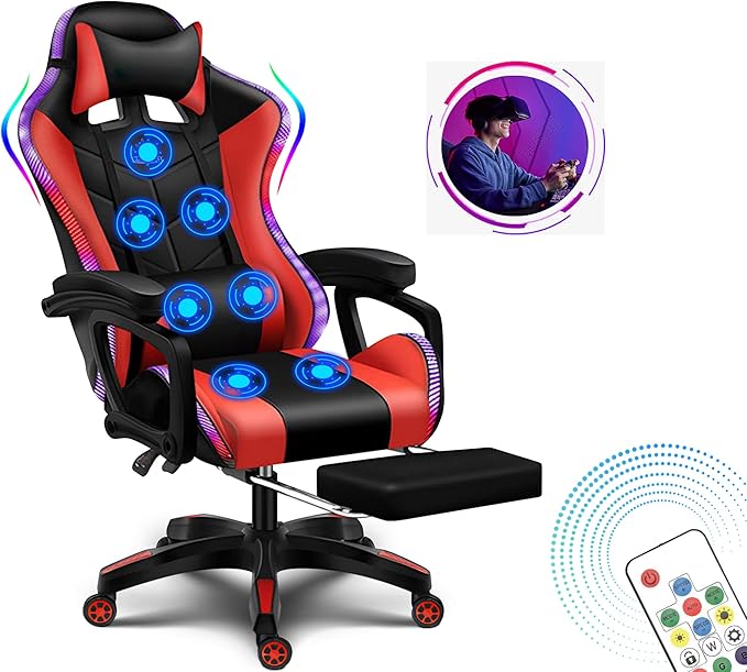 7 point massage gaming chair office chair gaming chair with RGB lights and speakers swivel chair with footrest tiltable chair computer chair with lumbar support ergonomic video gaming chairRed