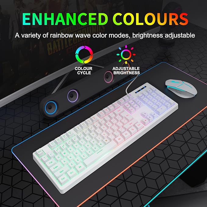HUO JI White Gaming Keyboard USB Wired with Rainbow LED Backlit Floating Keys Mechanical Feeling Spill Resistant Ergonomic for Xbox PS Series Desktop Computer PC