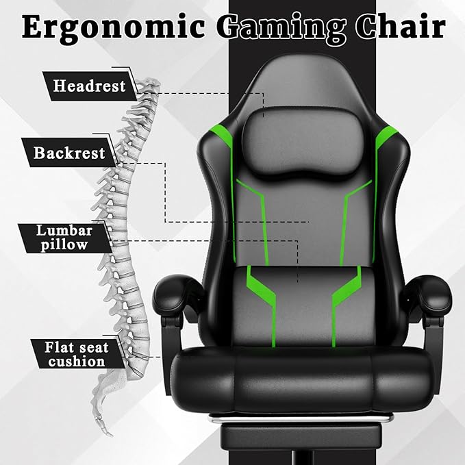 Gaming Chair with Pocket Spring Cushion &amp Footrest - Ergonomic Computer Chair with Adjustable Height Headrest &amp Swivel SeatFaux Leather Green