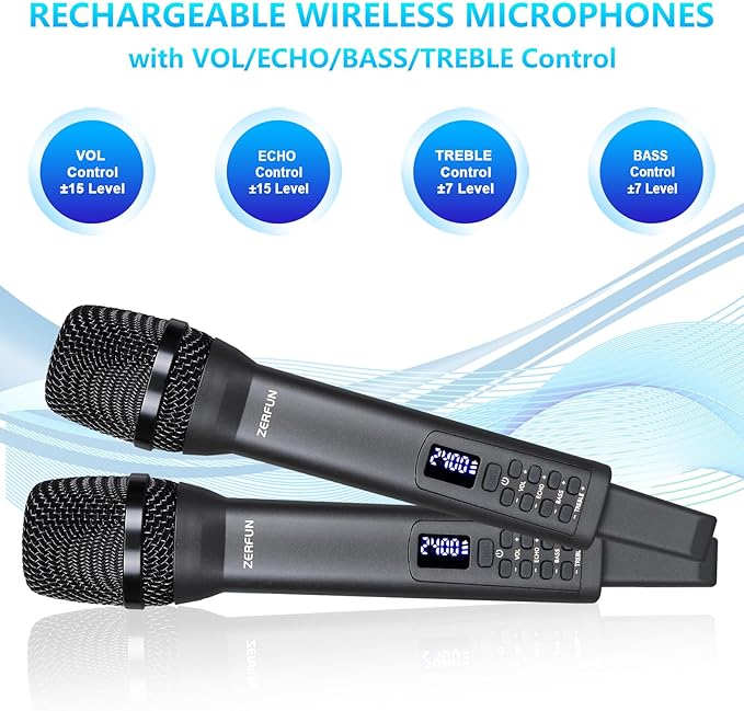 Rechargeable Wireless Microphones Dual Pro Handheld Cordless Mics System Dynamic with Echo Treble BASS VOL Control for Karaoke Singing Church Party 1/4'' Output D240 Grey