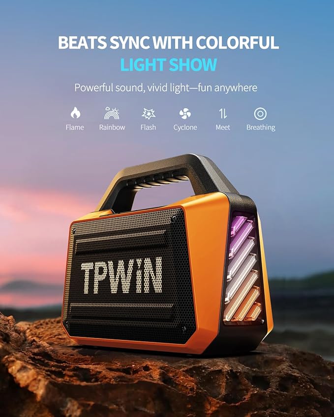 Bluetooth Speaker - 80W Loud Rugged Outdoor Speakers IPX6 Waterproof 20H Playtime Deep Bass Lightshow TWS BT 5.3 Wireless Portable for Travel Hiking Camping Beach Pool - Orange