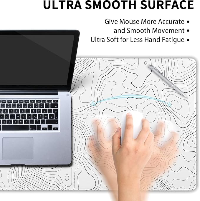 aportt Topographic Map Large Mouse Pad XXL White Lines Contour Geographic Extended Desk Mat Big 90X40 CM Non-Slip Rubber Base Stitched Edge Long Mousepad35.4 x 15.7 Inch