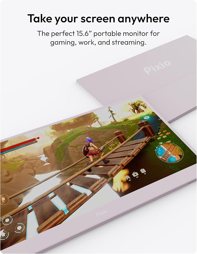 Pixio PX160 Wave Pink Portable Monitor 15.6 inch 60Hz FHD 1080p IPS Panel HDR Screen Cover Stand USB-C HDMI Laptop Screen Extender Portable Monitor for Laptop PC Console Phone