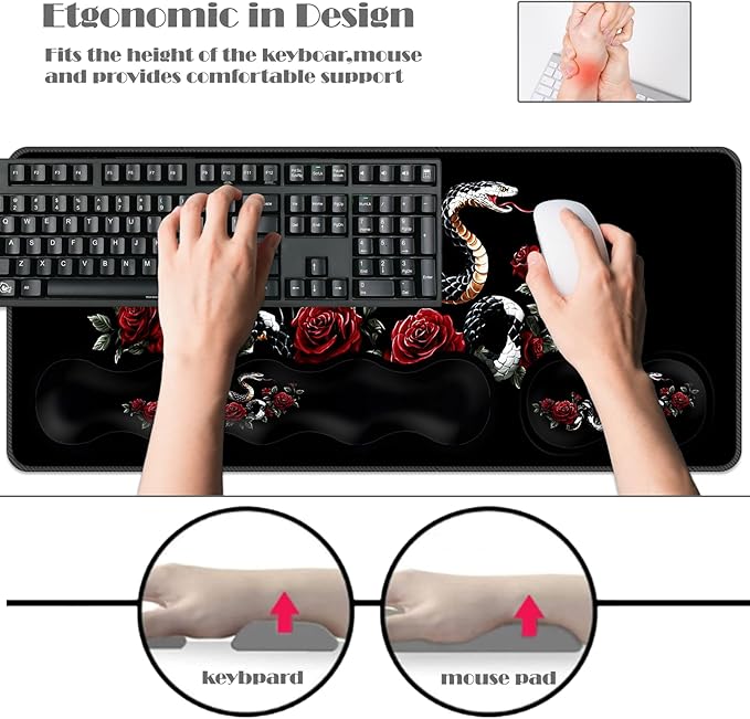 Ergonomic Keyboard Wrist Rest &amp Mouse Pad Wrist Rest SetXL Gaming Desk Mat 31.5x 11.8Non-Slip BaseMemory FoamEasy Typing Pain Relief for Office &amp HomeSnake with Red Roses
