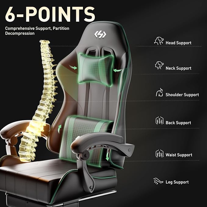 HLDIRECT Gaming Chair Ergonomic Computer Office Chair with Lumbar Support Footrest Headrest PU Leather 360° Swivel Adjustable Height Metal Frame 200 lbs Capacity (Black&ampGreen)
