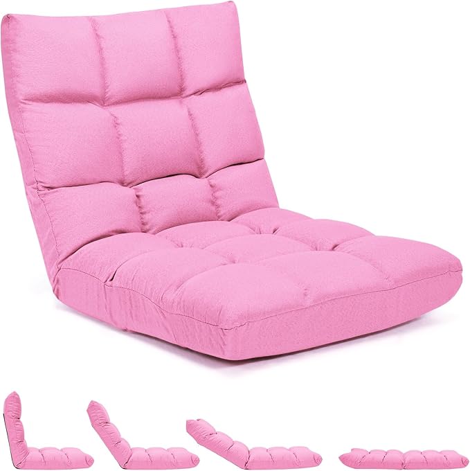 GORELAX Floor Chair with Back Support 14-Poistion Adjustable Folding Gaming Chair Recliner Meditation Chair with Steel Frame Padded Lazy Sofa Chair for Adults Kids (Pink)