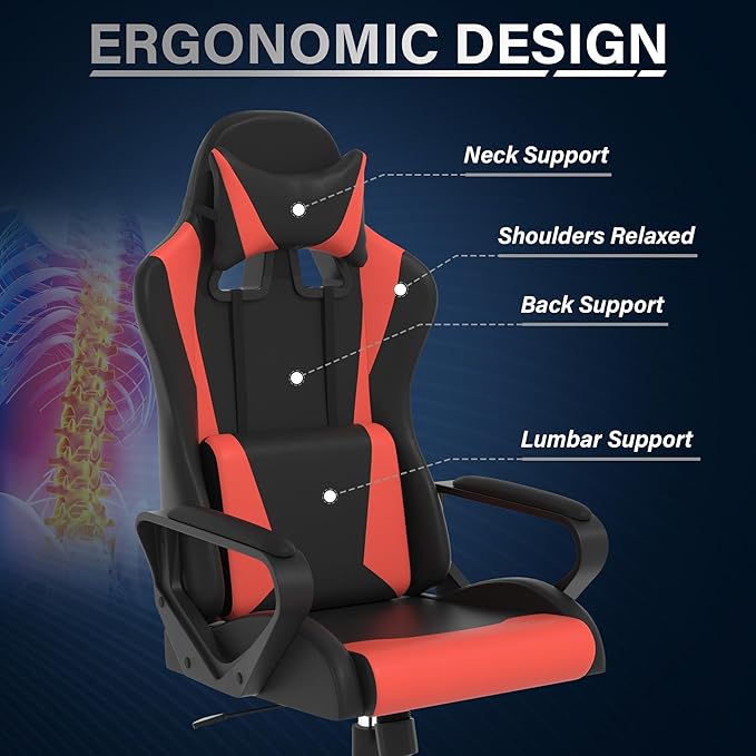 Ergonomic PU Leather Computer ChairHome Office Desk Chair with Adjustable Lumbar SupportExecutive High Back 360°Swivel Rolling Gaming Chairs for Adults(RED)