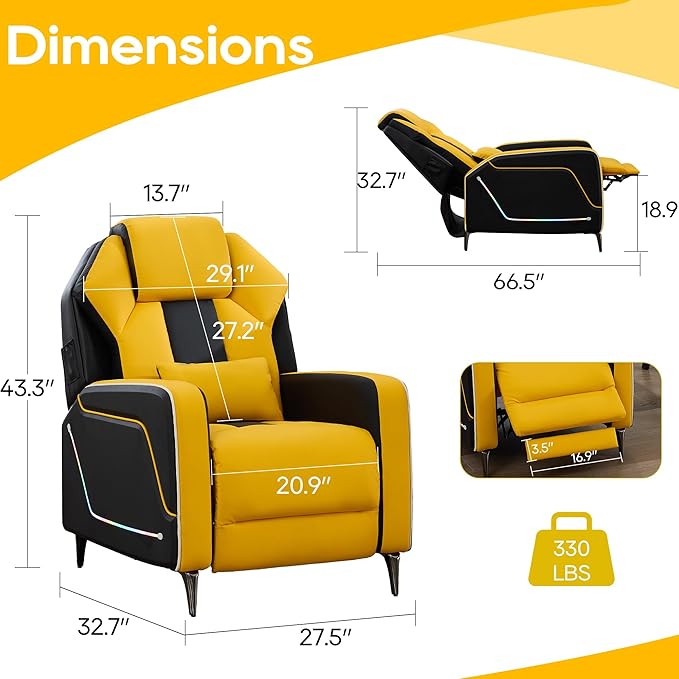 TUNYI Gaming Recliner Chair Racing Style Push-Back Reclining Sofa with Colorful LED Ergonomic Home Theater Seating Video Game Sofa for Gaming Room Living Room (Yellow)