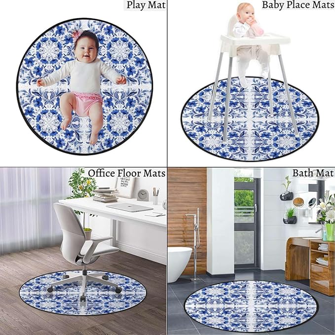 Blue Round Rug for Bedroom Circular Area Rug Washable Throw Rugs Non-Slip Soft Floor Mat for Living Room Sofa Porcelain Style Traditional Pattern Colors Diameter 43.3 in