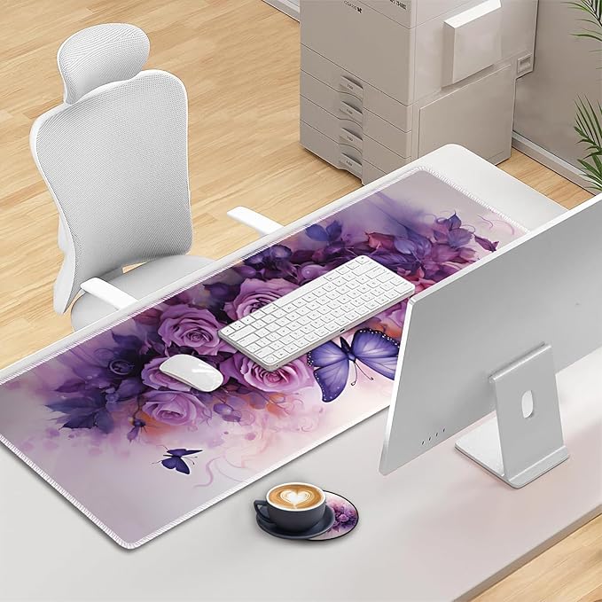 3-in-1 Large Mouse Pad Gaming Set (31.5 x 11.8 inch)+ Wrist Rest Pad + Coaster Memory Foam Gel Wrist Rest Pad for Pain Relief Stitched Edges Non-Slip Table Mat Purple Roses and Butterflies