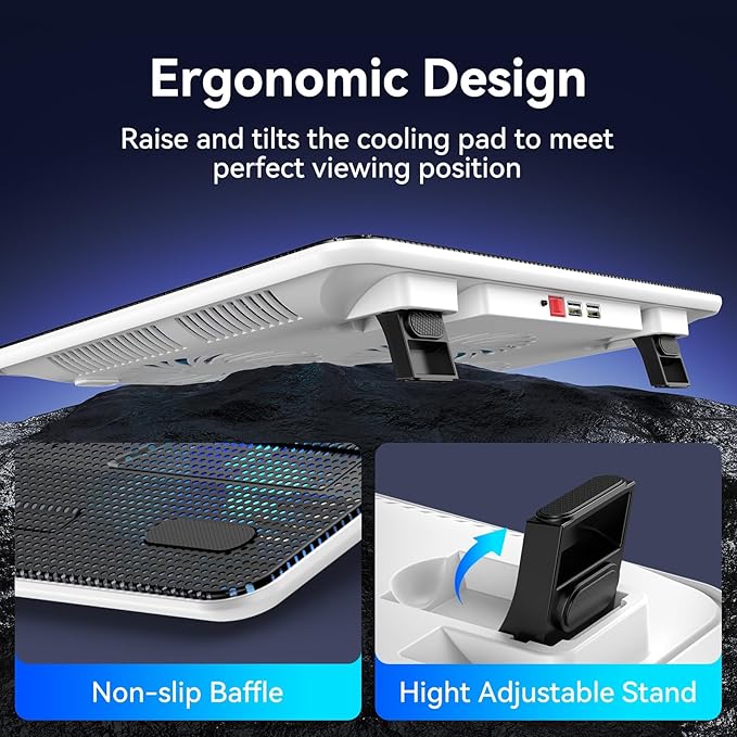 TECKNET Laptop Cooling Pad Portable Slim Quiet USB Powered Laptop Notebook Cooler Cooling Pad Stand Chill Mat with 3 Blue LED Fans Fits 12-17 Inches (White)