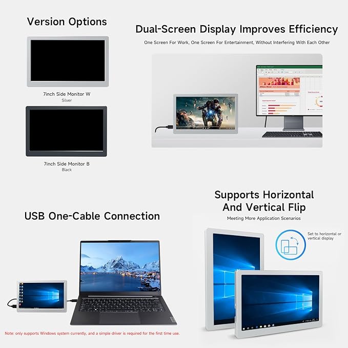Waveshare 7inch IPS Side Monitor Extended Monitor Windows 7/8/10/11 1024x600 IPS Display Panel Supports Horizontal and Vertical Flip Up to 170° Viewing Angle USB One-Cable Connection Silver