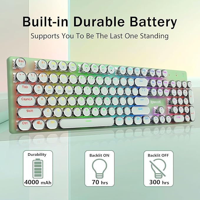 Redragon K710 Wireless Typewriter Mechanical Gaming Keyboard Bluetooth/2.4Ghz/Wired RGB Led Backlit Blue Switch - Clicky Rechargeable Solid Metal Panel Round Keycaps Green