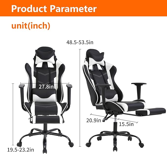High Back PU Leather Gaming Chair with Headrest &amp Lumbar Support Height Adjustable Wide Seat Gamer Chair for Adults Game Chair with Footrest &amp Armrest