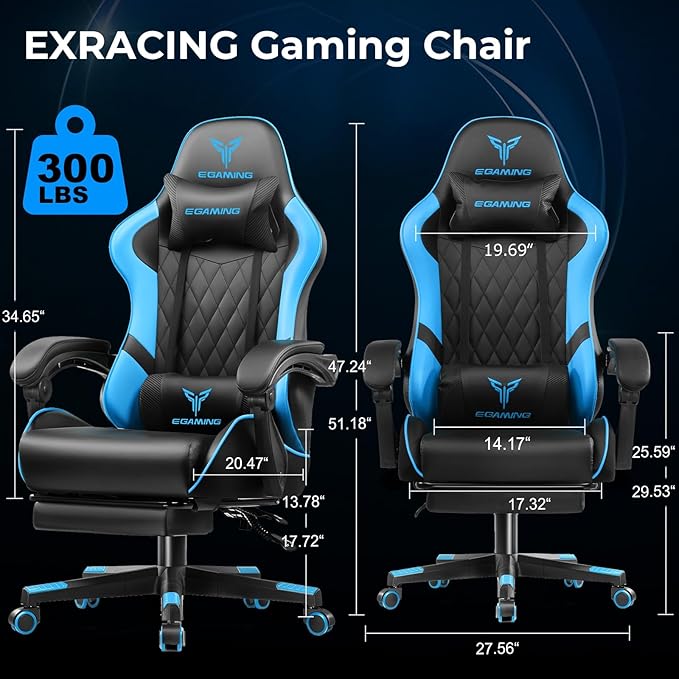 EXRACING Gaming Chair Ergonomic Computer Chair with Footrest and Lumbar Support Height Adjustable High Back Leather Office Chair 360° Swivel with Linked Armrest for Adult and Teen (Blue)