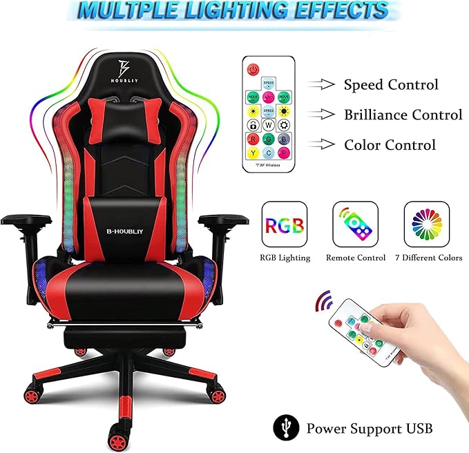 Massage Gaming Chair High Back Office Computer Chair with Speakers and RGB Lights Recliner Chair Music Video Game Chair with Headrest and Lumbar Support for Home OfficePink
