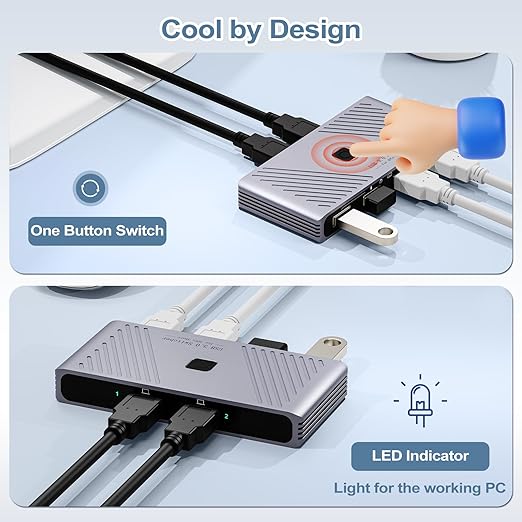 USB 3.0 Switch 2 Computers Sharing 4 USB Devices One-Button Switcher for Keyboard Mouse Printer Scanner USB Peripheral Sharing Hub for PC Laptop with 2 USB 3.0 Cables Aluminum Alloy Case