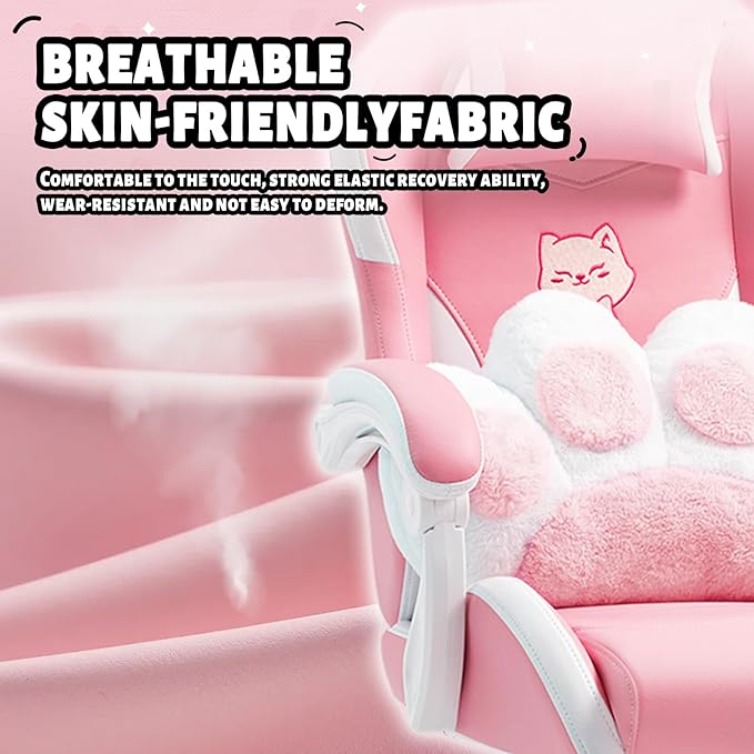 Cat Ears Gaming Chair - Pink PU Leather Ergonomic Reclining Office Chair with Footrest 310lb Capacity 6-Position Recline 360° Swivel
